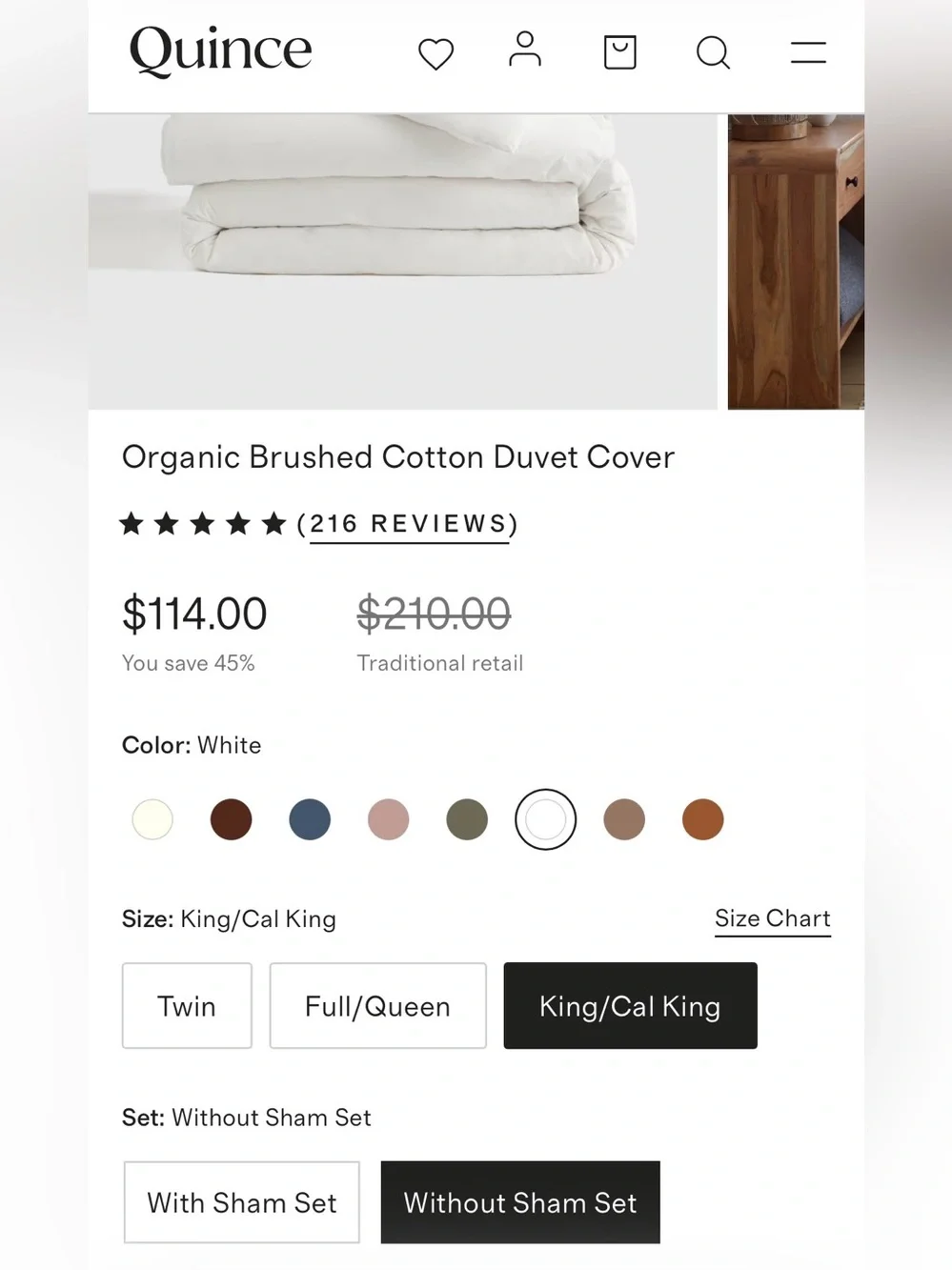 Quince 100% Organic Brushed Cotton 1 Piece Duvet Cover, King/Cal (White)